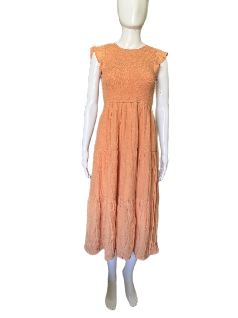 Blu Pepper Peach Smocked Midi Dress with Tiered Skirt
